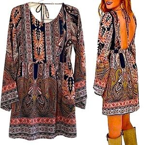 Sage Dress Backless Boho Long Bell Sleeves Paisley Mini Size Lined Size Small